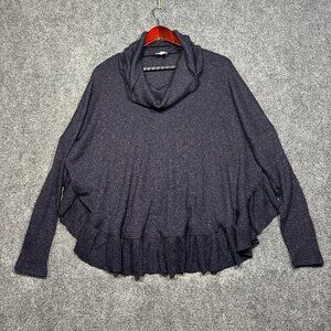 Anthropologie Postage Stamp Sweater Womens Medium Navy Blue Pink Sparkle Ruffle
